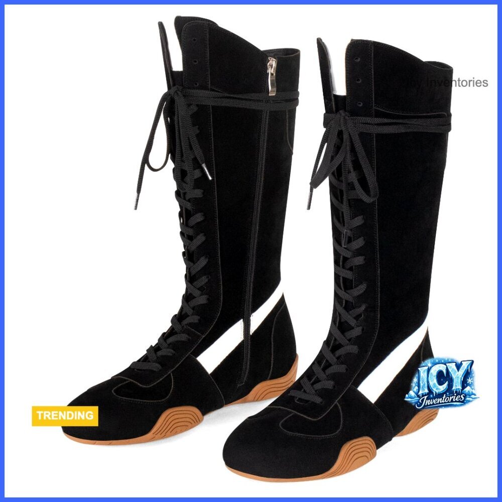 Faux Suede Knee-High Lace Up Boxing Boots with Side Zipper